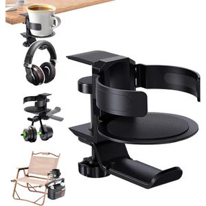 HeavyRain 3-in-1 Desk Cup Holder and Headphone Hook with Anti-Overflow Design - Universal Coffee Mug Holder for Wheelchair, Couch, or Office - Sturdy Aluminum Alloy (Black)