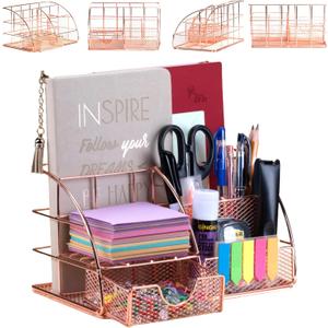 Rose Gold Desk Organizer for Women Cute Home Office Accessories & Supplies Decor, Girly Desktop Stationary Essentials Organization Set, Mesh Caddy Storage 5 Compartments +1 Mini Sliding Drawer