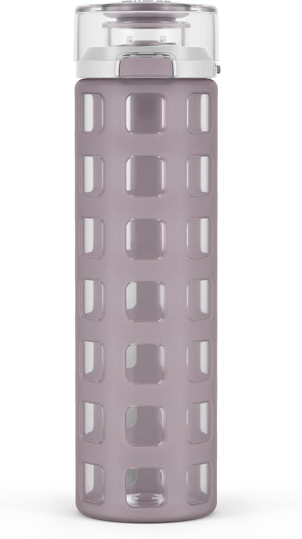 Ello Syndicate 20oz Reusable Glass Water Bottle with One-Touch Leak Proof Flip Lid, Protective Non-Slip Silicone Sleeve, Carry Loop for Coffee, Tea and Water, BPA-free, Dishwasher Safe, Mauvewood