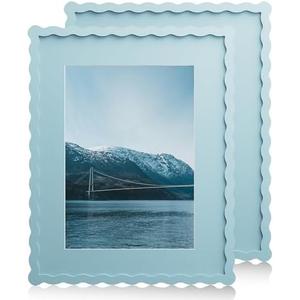 Chrspk 11x14 Wavy Picture Frame With Mat For 8x10, Wavy Edge Wooden Picture Frame with Real Glass - Wall Mount Display, Blue, 2 Pack