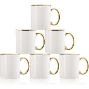 Fasmov 6 Pack Coffee Mugs, 11oz Ceramic Mug set Ceramic Cups for Coffee, latte, Cappuccino, Tea, Cocoa, Cereal, Hot Chocolate, Dishwasher Safe, White/Gold