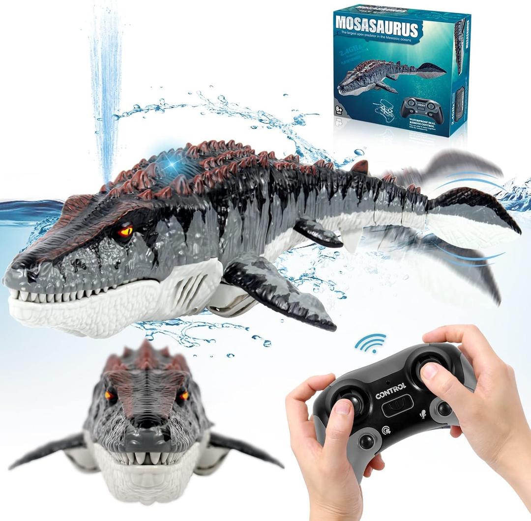 fromeasy Mosasaurus Dinosaur Toys, Upgrade Remote Control Water Toy, Pool Toys for Kids Ages 4-8, RC Dino with Light and Spray Water for Swimming Bath Lake Ocean Christmas Birthday Gift, Small