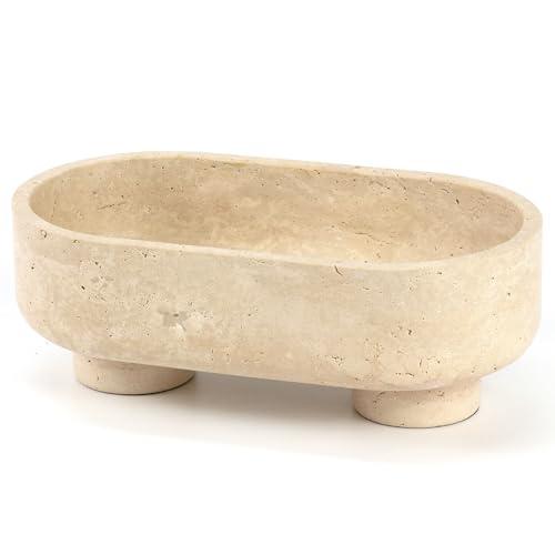 LIN CHUAN Natural Oval Travertine Stone Fruit Bowl for Kitchen Counter | Two-Legged Decorative Pedestal Bowl for Dining Table Decor, 10" Luxury Entryway Catchall Purse Bowl - Travertine