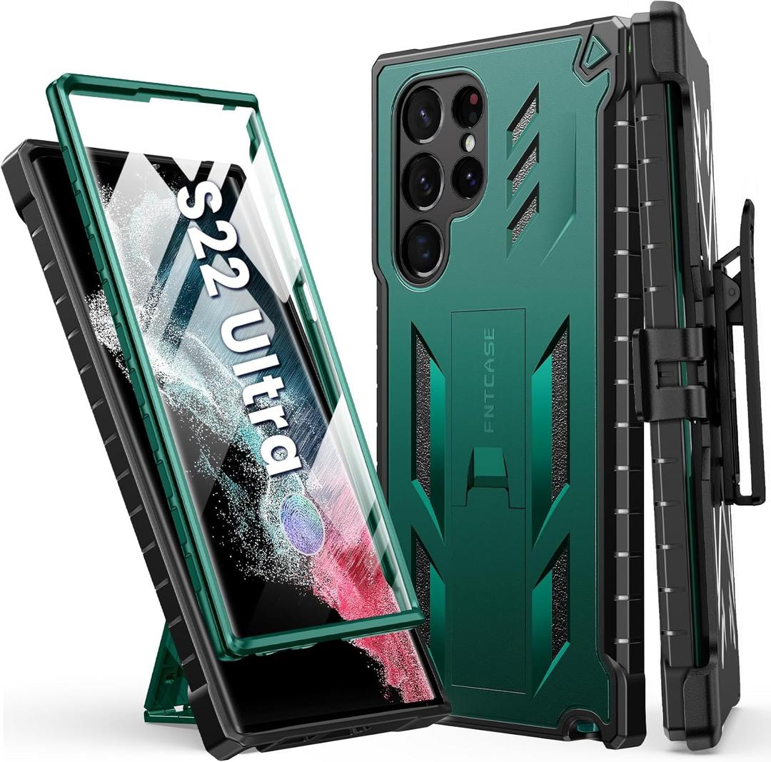 FNTCASE for Samsung Galaxy S22 Ultra Case: Built-in Screen Protector & Kickstand & Belt-Clip Holster, Full-Body Dual Layer Rugged Shockproof Protective Phone Cover-Jade Green