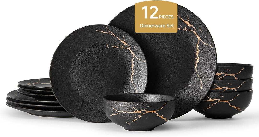 12-Piece Matte Crackle Dinnerware Set, Black and Gold