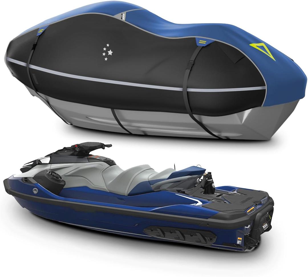 LIBZAKI Jet Ski Cover PWC Cover 1-2 Seats Heavy Duty Waterproof 600D UV Resistant Fits for Yamaha Sea-Doo Kawasaki up to 100~111" Blue/Black