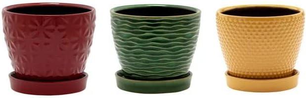 Napco Assorted Designs Red Green Yellow 4.25 x 5 Ceramic Planter Pot with Saucer; Set 3