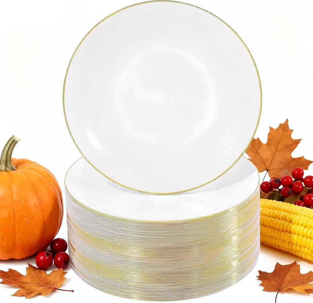 Nervure 100Pieces White with Gold Rim Plastic Plates - 7.5inch Disposable Gold Salad/Dessert Plate - White and Gold Plastic Plates Ideal for Wedding & Party & Thanksgiving