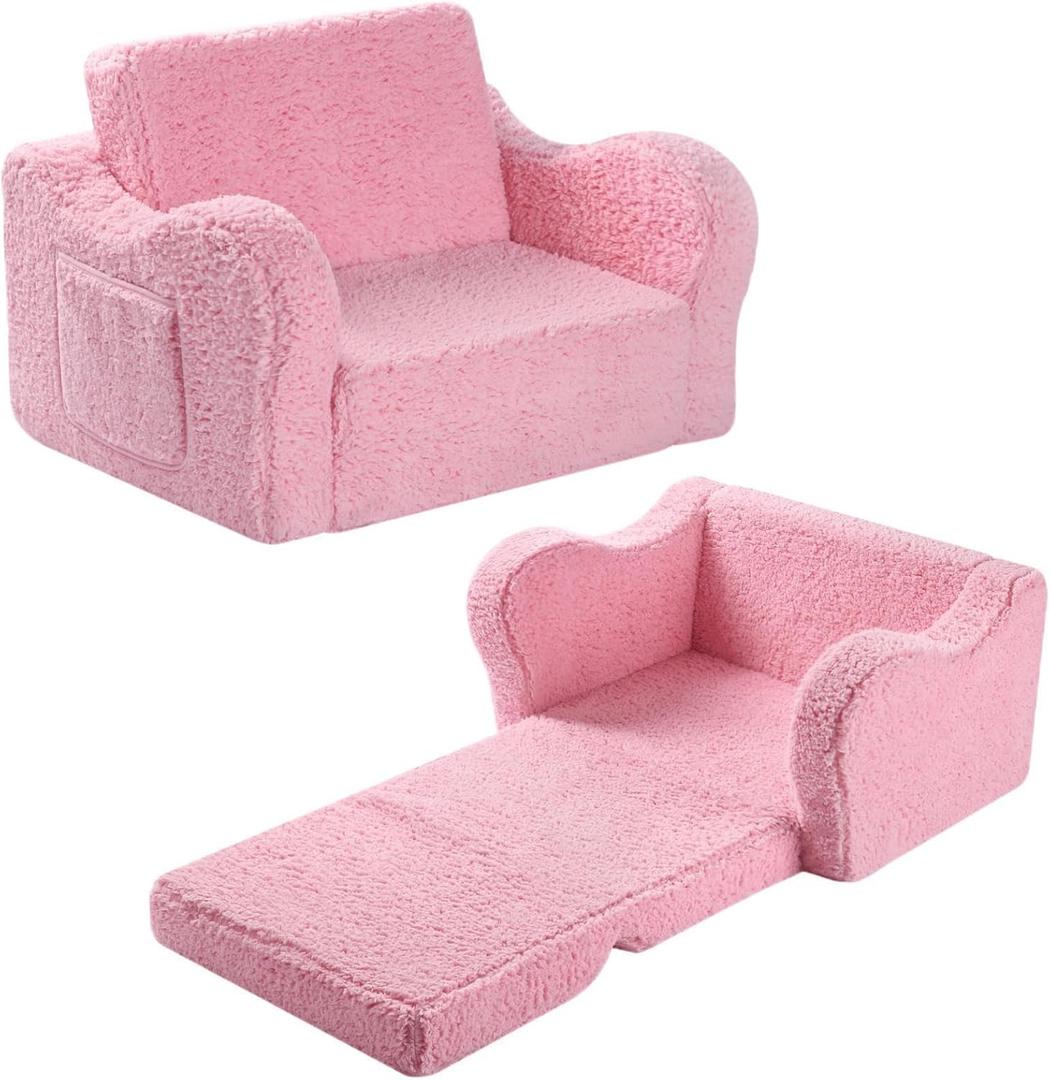 MOMCAYWEX Kids Sofa, 2-in-1 Flip-Out Foam Couch with Soft Sherpa Cover, Cozy Play Lounge Chair, Pink (Medium)