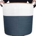 MINTWOOD Design 83L Extra Large 20x18 Inches Decorative Woven Cotton Rope Basket, Tall Laundry Basket Hamper, Blanket Basket for Living Room, Round Storage Baskets for Pillows, Towels, Prussian Blue
