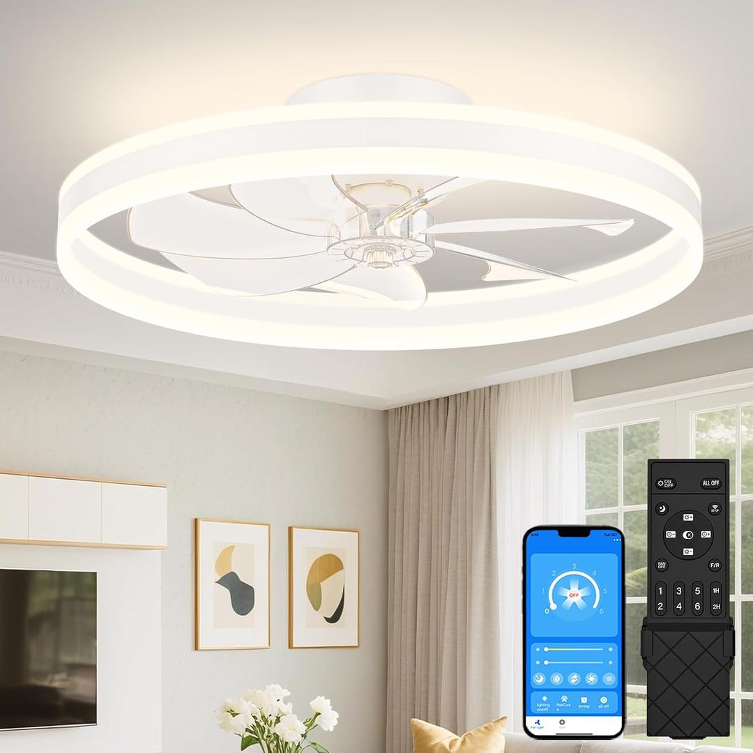 VOLISUN Low Profile Ceiling Fans with Lights and Remote, 27.6in Flush Mount Ceiling Fans with Light, 3000K-6500K Dimmable Fandelier LED Fan Light, White Bladeless Ceiling Fans with Lights for Bedroom