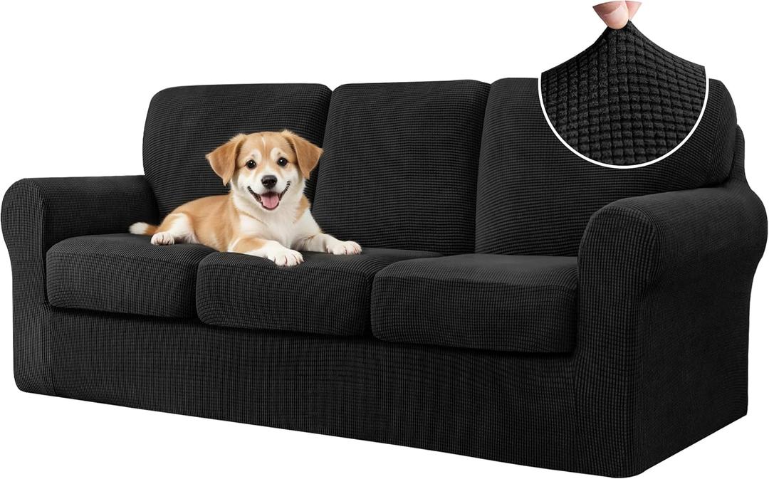 CHUN YI 7 Piece Couch Covers Sofa Covers Washable, Stretch Sofa Slipcovers for 3 Cushion Couch with Seperate Backrest and Cushion Covers, Anti Slip Furniture Protector for Dogs Pets (Large, Black)