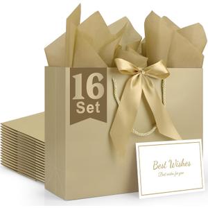 TUXIYA Gift Bag, 16PCS 12.6" x 9.8" x 4.3" Champagne Gift Bag with 16 Ribbon and 16 Greeting Cards 32 Tissue Paper, Large Gift Bags Wedding Gift Bags Present Bags for Birthday Valentines Party Birthday Mothers Day