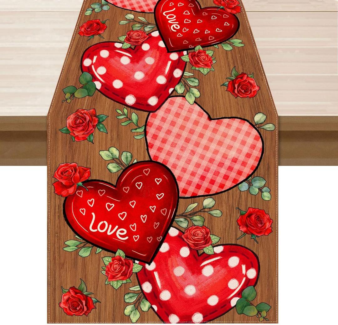 XCHI Wood Love Hearts Roses Flowers Valentine's Day Table Runner Table Decoration for Party Home Kitchen Dining Holiday Decor 13x108 Inch
