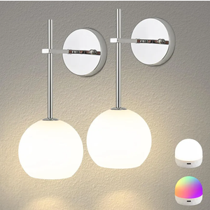 Battery Operated Wall Sconces Set of 2, Rechargeable Wireless Wall Lights with Milky White Frosted Glass Shade, 12 RGB and 3CCT Dimmable, Wall Lamps with Remote for Bedroom Living Room Hallway