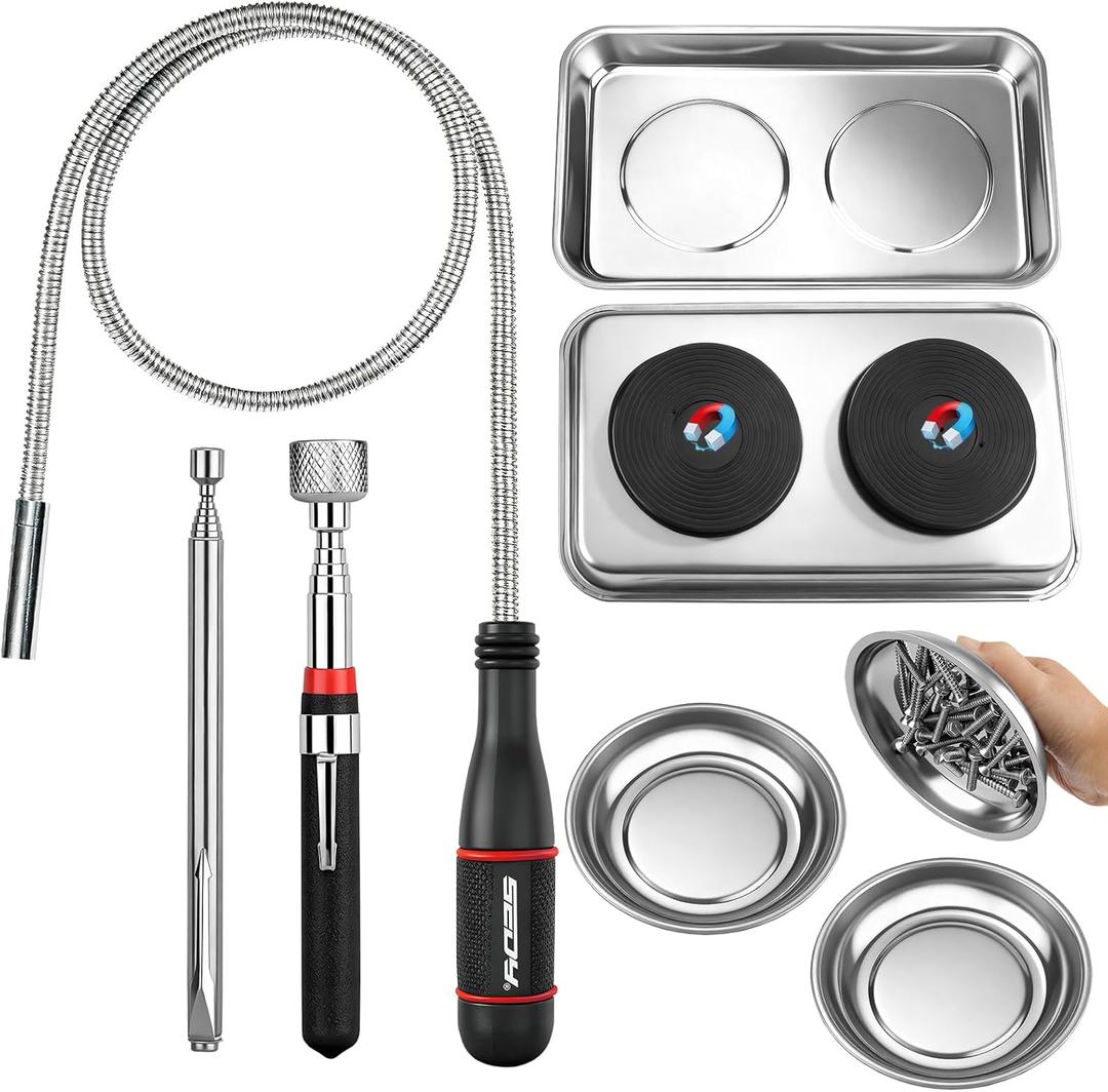6-Piece Telescoping Magnetic Pickup Tools Set: 31in Portable Magnetic Pickup Stick, 25in Pen-Style Magnetic Pickup Tool, 20in Flexible Bendable Spring Magnet Stick with 4in 9in Magnet Parts Tray