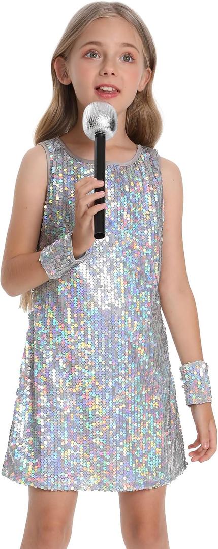 Happy Cherry Sequin Dress for Girls Sparkly Sleeveless Holiday Prom Concert Party Outfit with Glitter Microphone Prop, 8-9 Years, Silver
