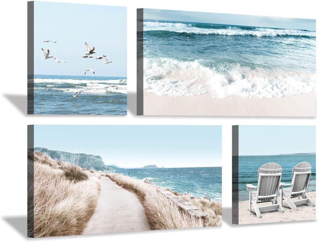 Coastal Beach Canvas Wall Art: Beach Chairs & Seagulls Flying Picture Painting Print for Wall Decor(12''x12''x2pcs+24''x12''x2pcs) Coastal Beach Canvas Wall Art: Beach Chairs & Seagulls Flying Picture Painting Print for Wall Decor(12''x12''x2pcs+24''x12''x2pcs)
