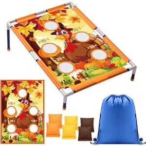 Fall Bean Bag Toss Turkey Party Game for Kids Adults with 6 Bags Thanksgiving Pumkin Maple Portable 6 Hole Corn Toys Set for Boys Girls Toddlers Autumn Outdoor Indoor Favors Carnival Gift