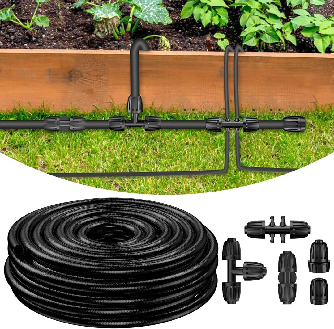 Pawfly 50 ft 1/2 Inch Drip Irrigation Tubing Main Tube, 1/2 Irrigation Tubing for Garden Irrigation System, Flexible PVC Main Line with 5 Barbed Locked Drip Irrigation Parts, 1/2" Drip Irrigation