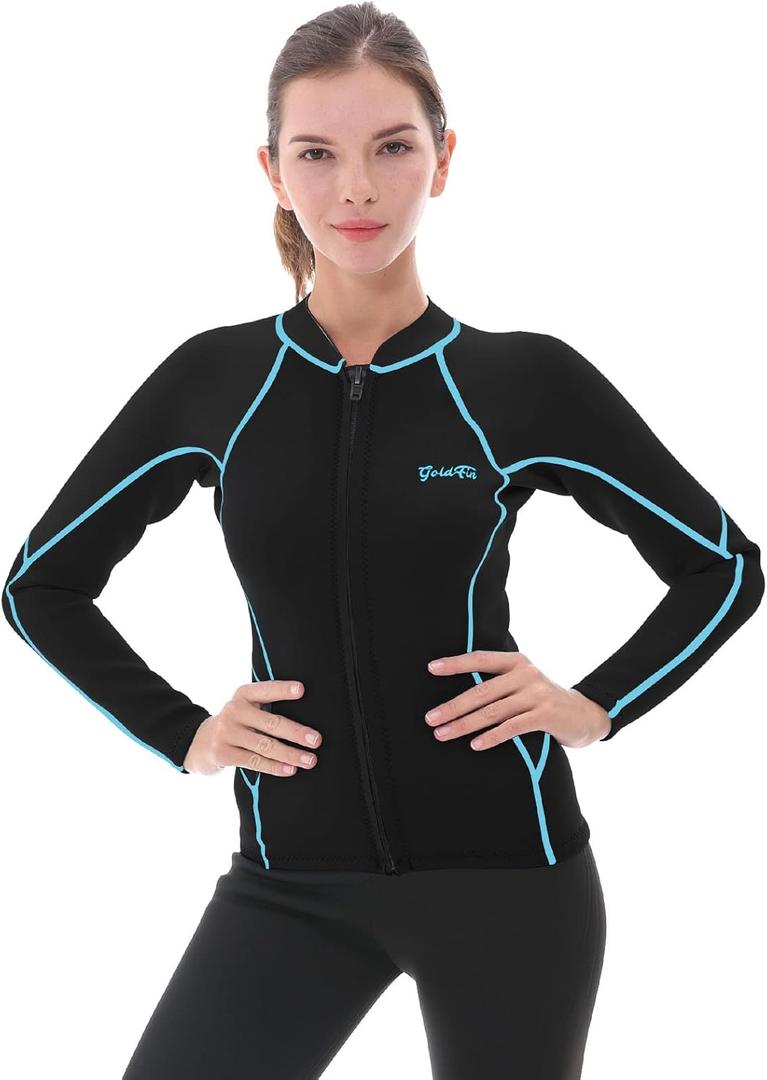 GoldFin Wetsuit Top Women, 2mm Wetsuits Jacket Long Sleeve Neoprene Tops for Water Aerobics Diving Surfing Swimming (X-Small, Blue/Line)
