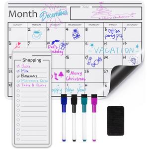 Amazon Basics Magnetic Dry Erase Whiteboard Calendar for Fridge, Easy to Clean, Schedule Organizer, 12" x 17", Includes 4 Markers and Eraser