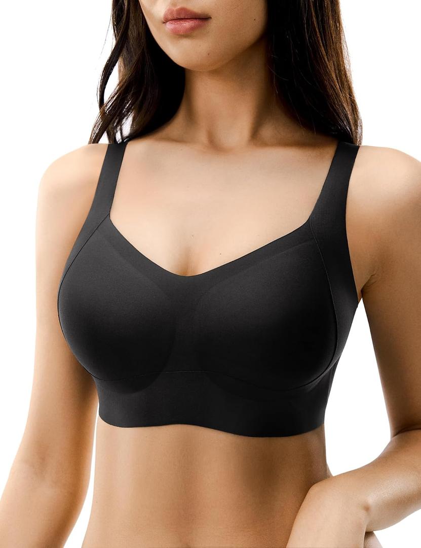 Seamless Bras for Women, Wireless Supportive Bra Comfortable No Underwire Full Coverage Push Up Bra Plus Size (Black, M)