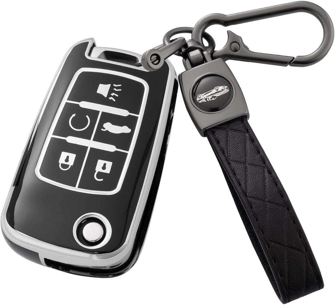 Key Fob Cover with Keychain for Buick Encore Camaro Equinox Impala Sonic Trax GMC Terrain Flip (Black)