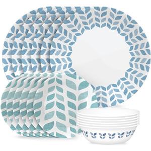 Corelle Global Collection Vitrelle 18-Piece Dinnerware Set Triple Layer Recycled Glass, Lightweight Eco-Friendly Round Plates and Bowls Set, Northern Pines