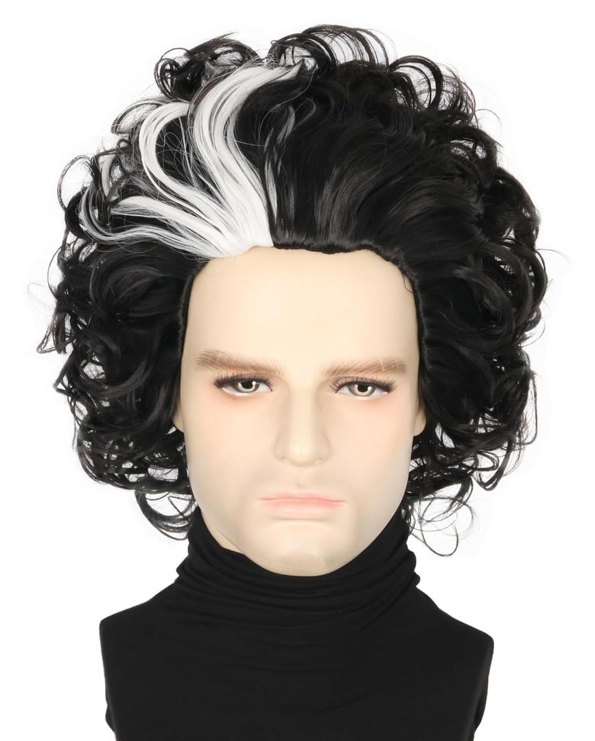 Topcosplay Men Wigs Short Curly Black Mixed White Halloween Costume Party Funny Wigs