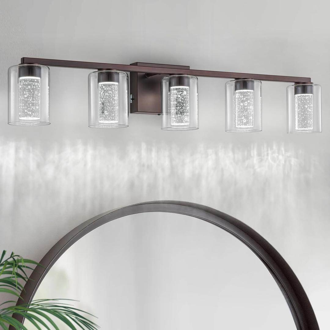 SineRise 5-Light Bronze Vanity Light with 3 Color Modes (3000K/4000K/6000K), Eye Protection LED Bathroom Light Fixture, Dimmable Modern Wall Light Over Mirror with Clear Glass Shade