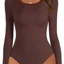 MEROKEETY Women's Long Sleeve Ribbed Knit Bodysuits Scoop Neck Slimming Fit Fall Trendy Sweater Tops (Large, Coffee)