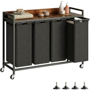 Laundry Hamper with Shelf, Laundry Basket 4 Section, Laundry Sorter with Pull-Out Removable Large Bags and Movable Wheels, Metal Frame, 4 x 15.87 Gallons (60L), Rustic Brown + Blck PF07XLY