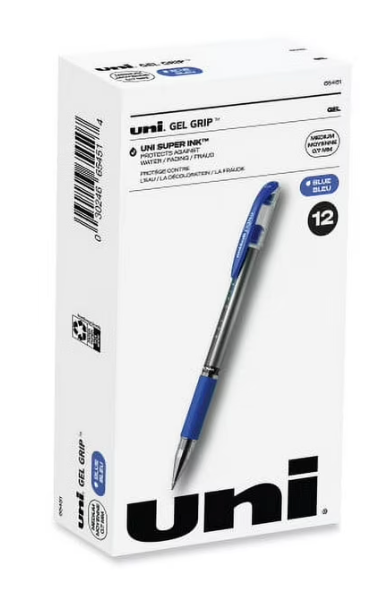 uni-ball Signo GRIP Gel Pen, Stick, Medium 0.7 mm, Blue Ink, Silver/Blue Barrel, Dozen, 12 PCS