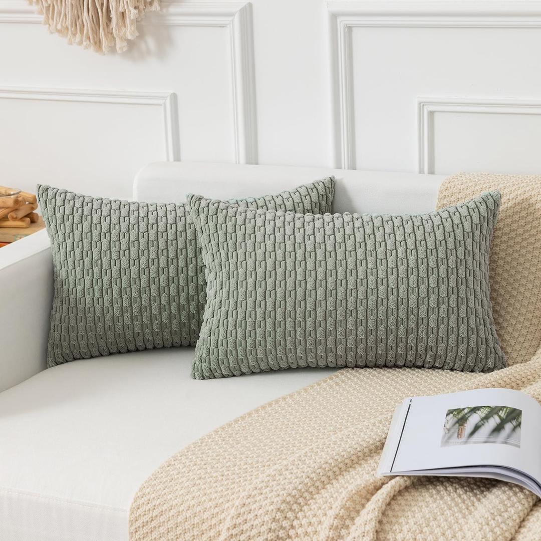 Kevin Textile Throw Pillow Covers Soft Corduroy Decorative Set of 2 Boho Striped Pillow Covers Pillowcases Farmhouse Home Decor for Couch Bed Sofa Living Room 12x20 Inch Greyish Green