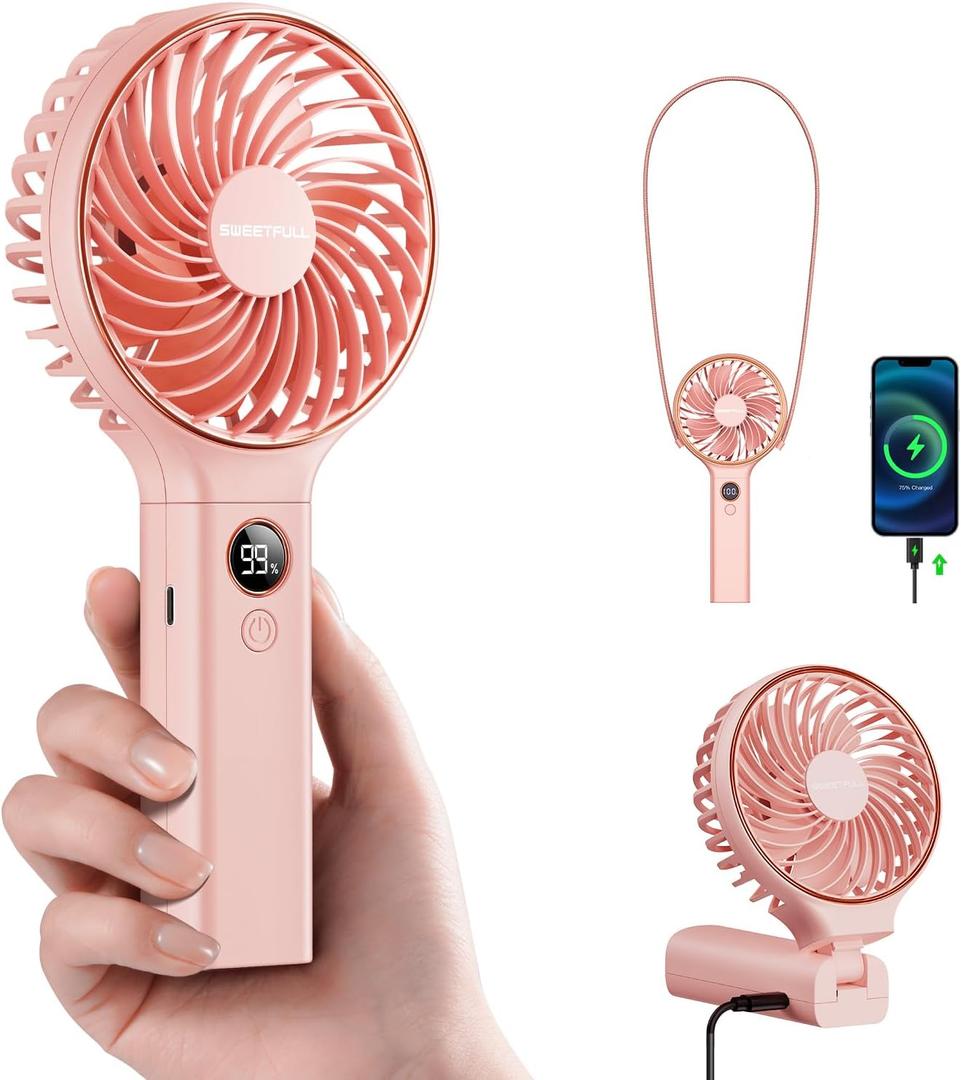 SWEETFULL Handheld Portable Fan, 5000mAh Rechargeable Battery, 6 Speed Wind, LED Digital Display, Foldable Electric Personal Mini Travel Fan with Backup Power, Summer Essentials Gifts for Women Girl