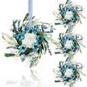 4 Pcs Small Blue Daisy Flower Hanging Wreaths for Cabinets with White Floral Eucalyptus Leaves Lavender Artificial Grains Mini Candle Rings Wreath for Home Front Door Farmhouse Coastal Blue Porch