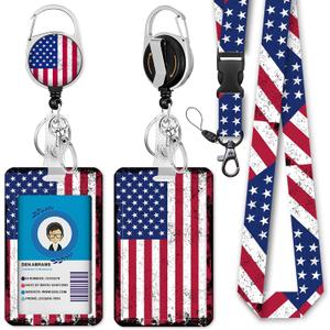 American Flag Lanyards for ID Badges, Badge Reel Retractable Badge Holder with Lanyard for Teacher, Women, Kids