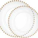 PLASTICPRO 32 Piece Combo Plastic Dinner Plates Disposable Plastic Fancy Heavy Duty Party Dishes 7 inch and 10 inch, Clear and Gold Beaded