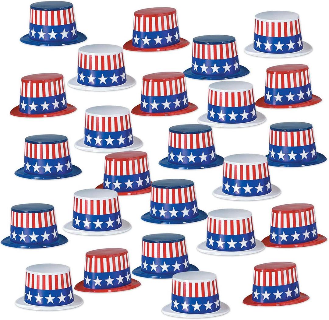 Beistle 66629-25 25-Pack Plastic Toppers with Patriotic Band, Assorted Red/White/Blue, One Size