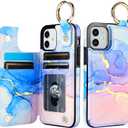 HAOPINSH for iPhone 12/12 pro Wallet Case with Card Holder, Pink Blue Marble Print Back Flip Folio PU Leather Kickstand Card Slots Case, Finger Grip Ring Double Magnetic Clasp Shockproof 6.1"