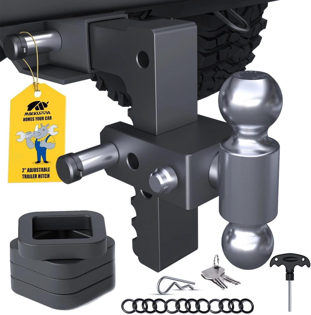 MIKKUPPA Adjustable Trailer Hitch - Fits 2" Receiver, 8" Drop/Rise Heavy Duty Aluminum Tow Hitches for Truck with Dual Ball Mount 2" x 2-5/16" (12,500 LBS GTW) and Anti-Theft Locking Hitch Pins