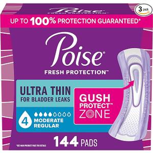 Poise Ultra Thin Incontinence & Postpartum Pads for Bladder Leaks, 4 Drop Moderate Absorbency, Regular Length, 144 Count