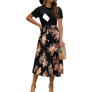 CzzzyL Women Nursing Dress Short Sleeve Floral Patchwork Ribbed Pregnancy Tie Waist Work Outfits Summer XL