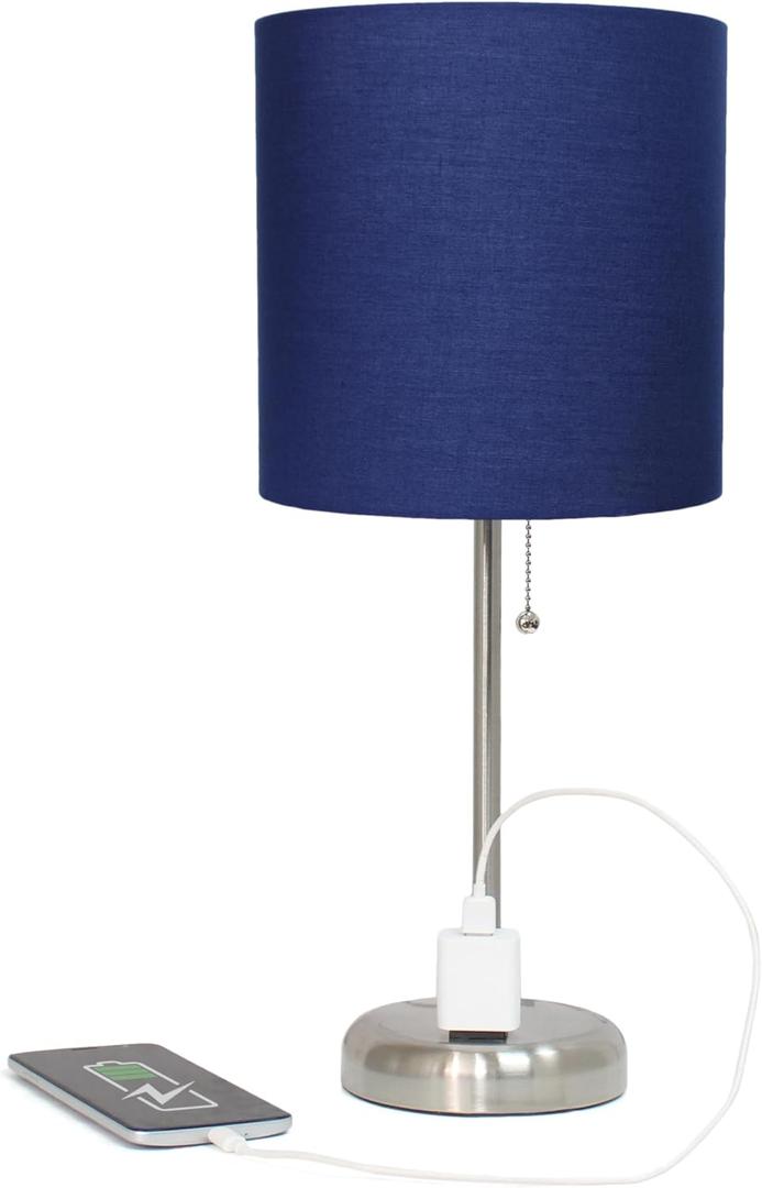 Simple Designs LT2024-NAV Brushed Steel Stick Table Desk Lamp with Charging Outlet and Drum Fabric Shade, Navy Blue Shade