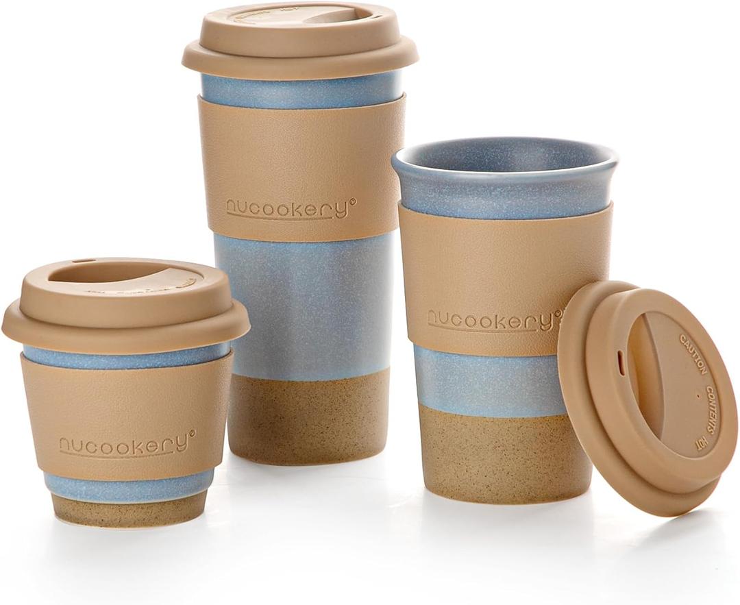 Nucookery Ceramic Travel Coffee Mug Set, Coffee Tumbler with Silicone Lid and Non-Slip Sleeve, Unique To Go Mug, Gifts for Women & Men, Microwave Safe Cappuccino, Tea, Latte, Iced-Coffee Cups, Blue