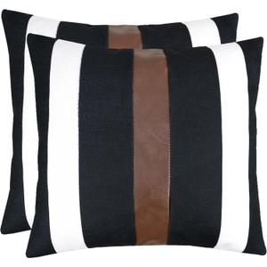 JASEN Set of 2 Faux Leather and Linen Lumbar Pillow Covers Black and White Modern Farmhouse Rectangular Accent Cushion Covers for Couch Sofa 18" x 18"