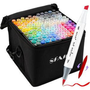 SFAIH Alcohol Markers Brush & Chisel - 121 Colors Double Tipped Art Markers for Adult Coloring Illustration, Gifts for Artist Adult - Adjustable Shoulder Strap & Faux Leather Lining & Outer Zip Pocket