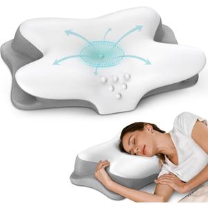 Cervical Neck Pillow for Pain Relief - Ergonomic Side Sleeper Pillow for Sleeping, Contour Orthopedic Pillow for Neck Support, Cooling Memory Foam Pillows for Back & Stomach Sleepers with Pillowcase (White)