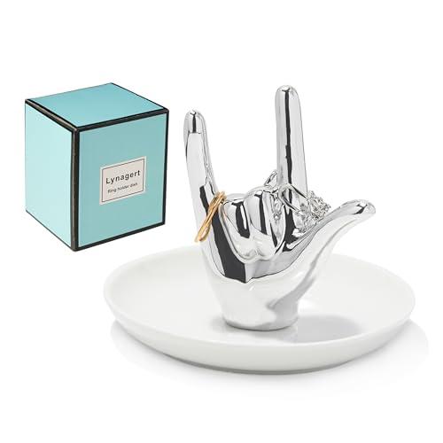 I LOVE YOU Hand Ring Holder - Ceramic Jewelry Holder Dish Trinket Tray for Rings, Earrings, Necklace Organizer - Engagement, Wedding, Christmas, Birthday Gifts (Silver)